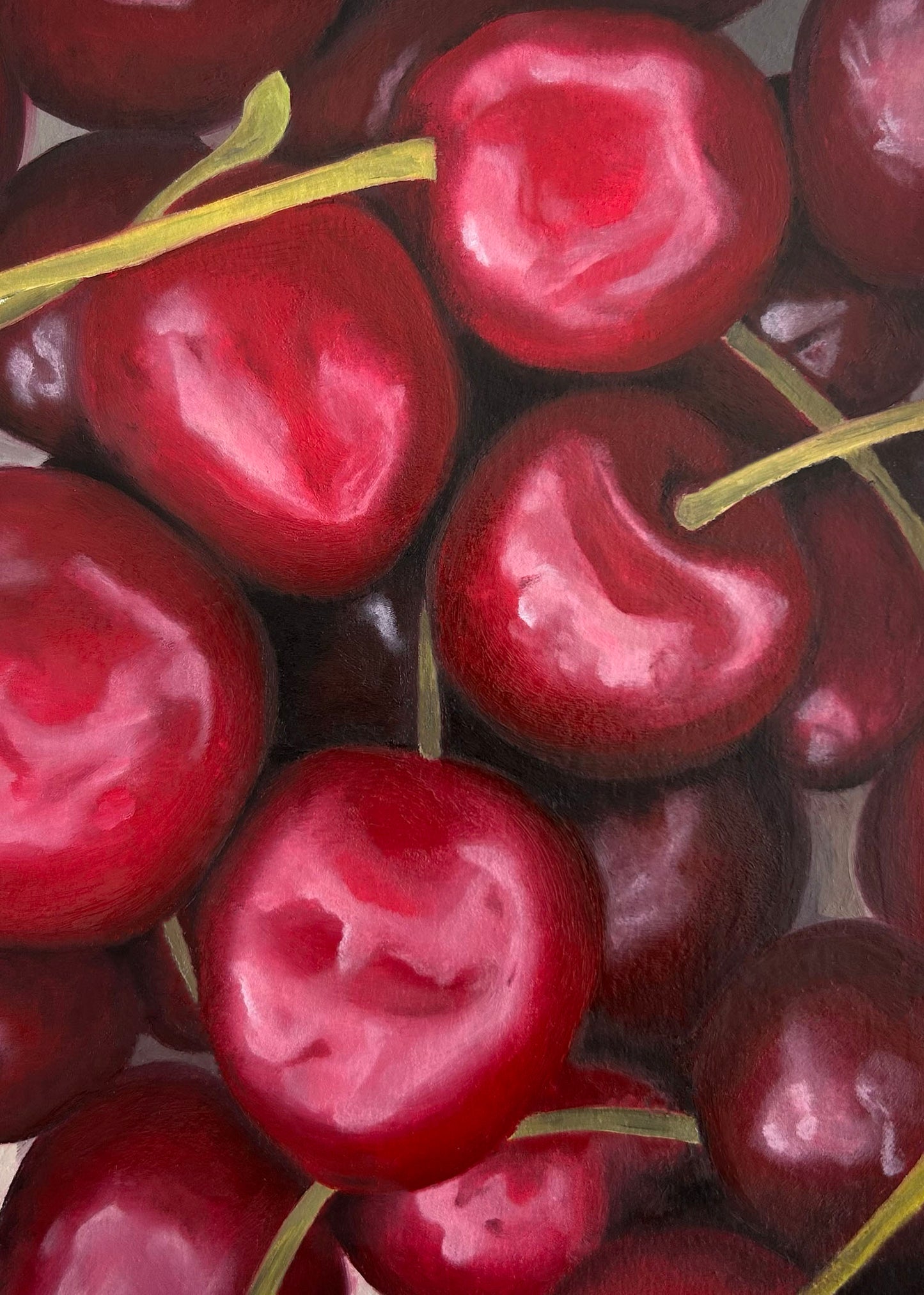 painting of cherries, realistic cherry painting, fruit painting, oil paint, artist, wall art, kitchen art, fruit painting, realism